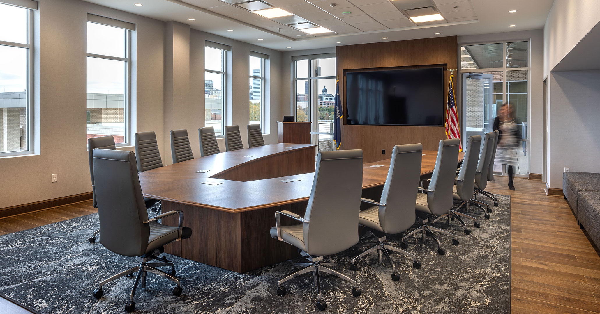The executive board room at SCU’s new headquarters downtown offers views to the Statehouse.