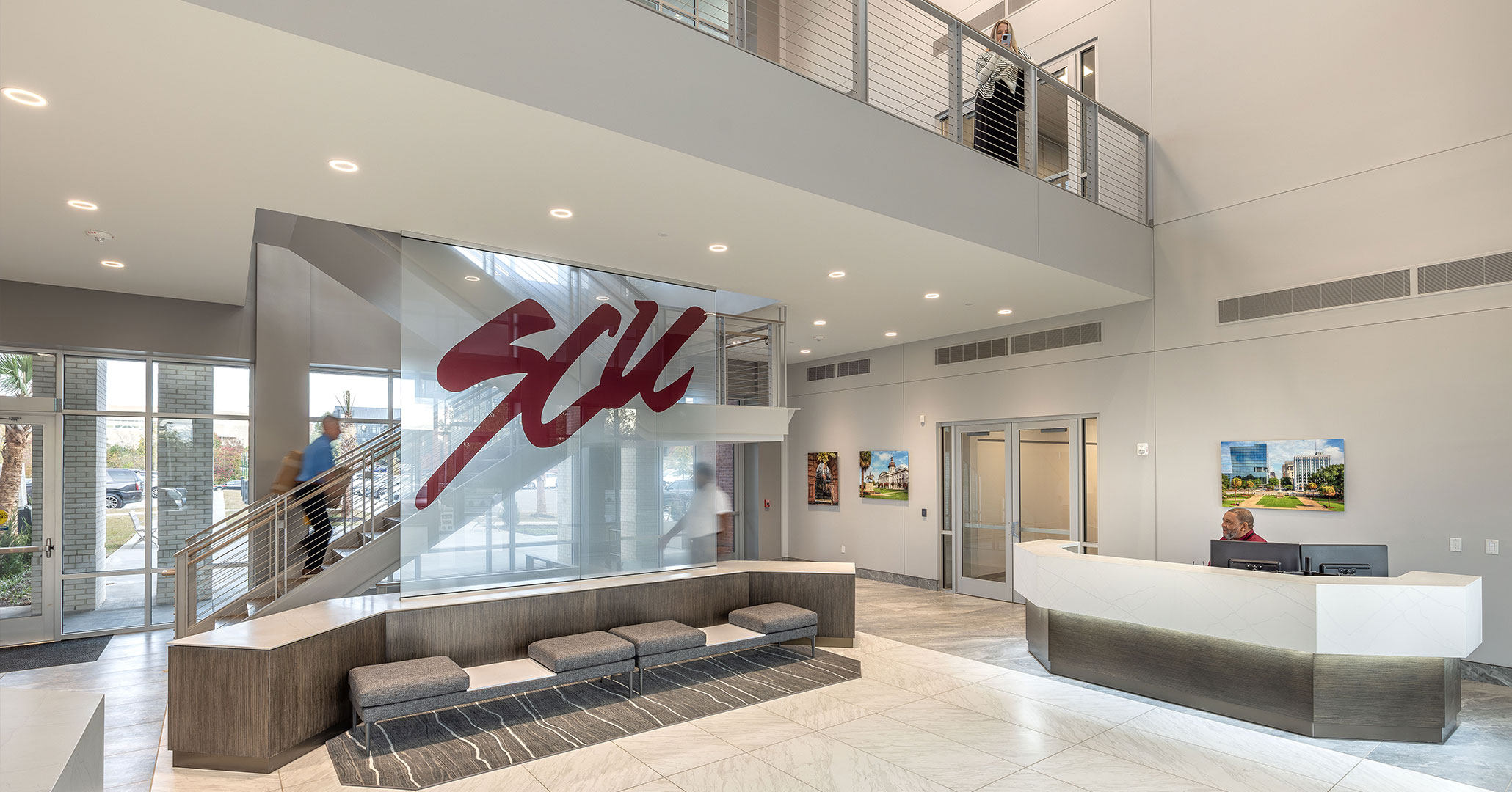 The new SCU Headquarters entryway design features a light-filled stairwell designed by BOUDREAUX architects.