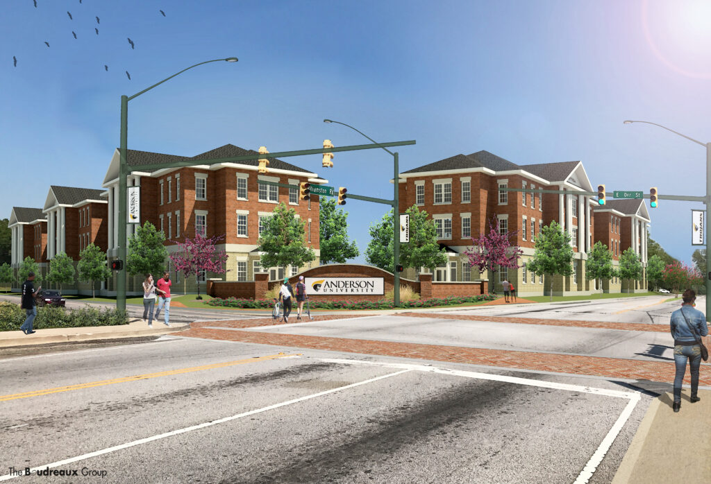 Rendering of Anderson University's campus master plan showing new academic buildings, landscaped pedestrian spaces, and a redesigned campus gateway at the intersection of Williamston Road and East Orr Street.