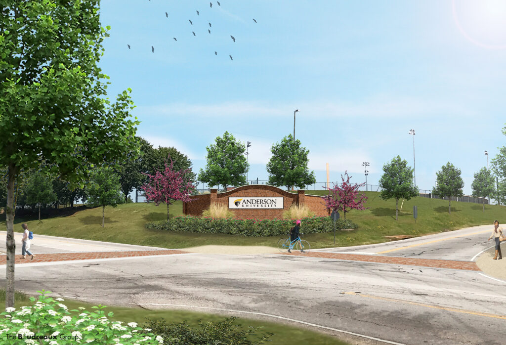 Rendering of Anderson University's proposed campus gateway featuring a new landscaped entrance, pedestrian improvements, and enhanced streetscape as part of the university's campus master plan.