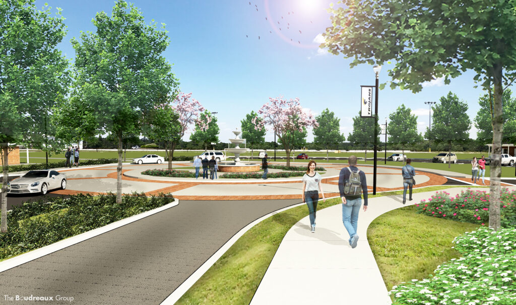 This image highlights an Anderson University Master Plan rendering. Within the image shows a vibrant traffic circle with a fountain in the center. 