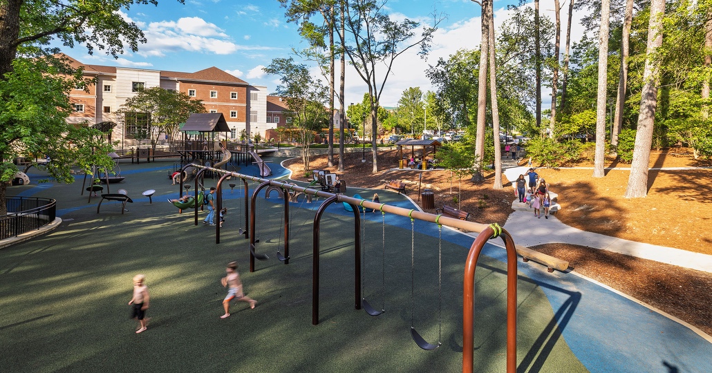 BOUDREAUX architects designed the new playground at Virginia Hylton Park in the shade of the Town of Lexington’s municipal center.