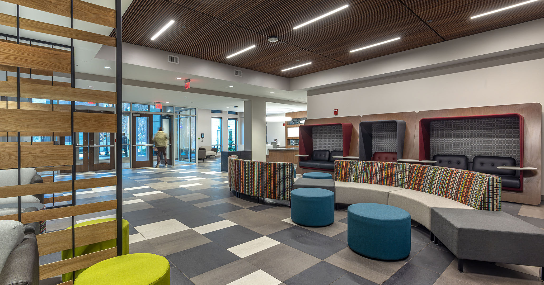 Campus Village at USC lobby hosts an array of seating options so students feel comfortable wherever they land