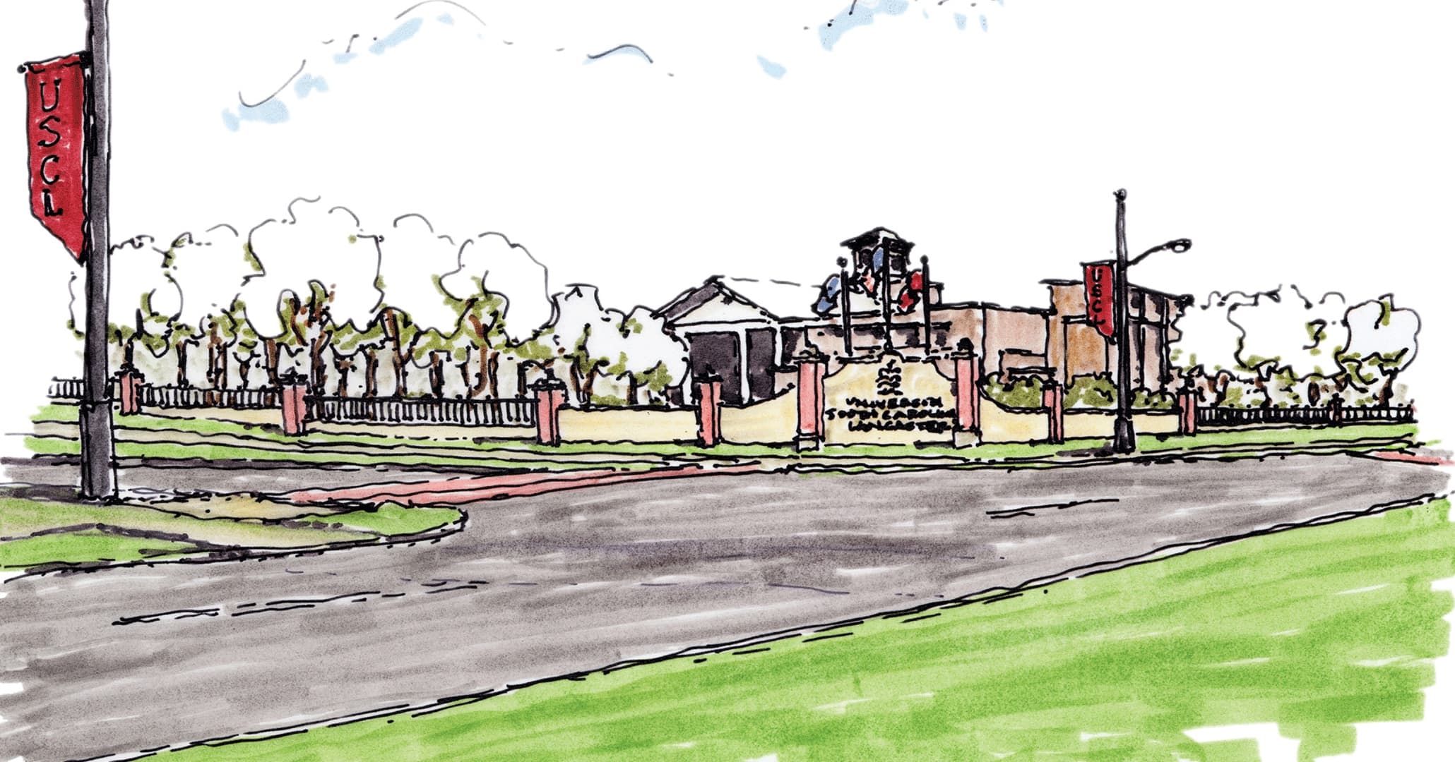 Boudreaux architects hand sketched ideas for the USC Lancaster Gateway.