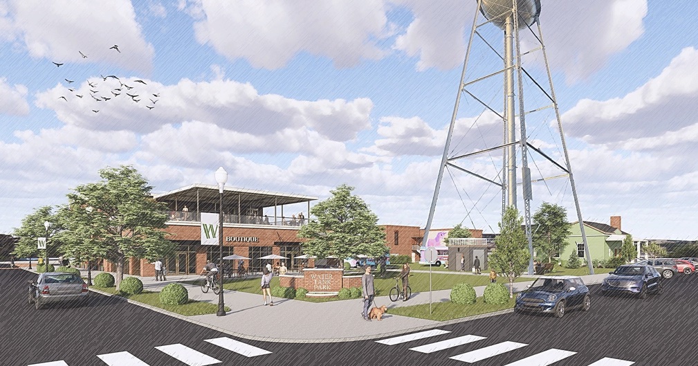 Architectural rendering of the proposed development showing sidewalks and large building.